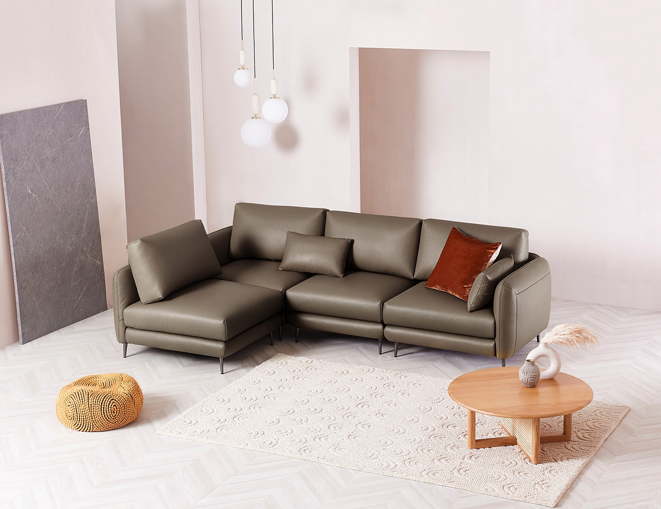 [소파 탐구 생활 5%] 하모니 모듈 3.5인 코너형 천연면피 소가죽 소파+쿠션2개