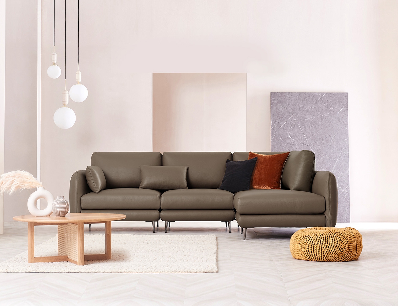 [소파 탐구 생활 5%] 하모니 모듈 3.5인 코너형 천연면피 소가죽 소파+쿠션2개