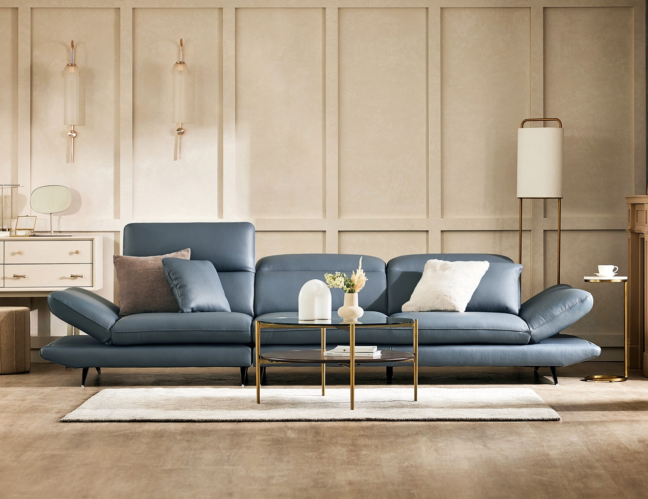 [CURATION 15%] 아빌라 4인 기능성 럭스 통가죽 천연면피 소가죽 소파(전측면가죽적용)+쿠션2개