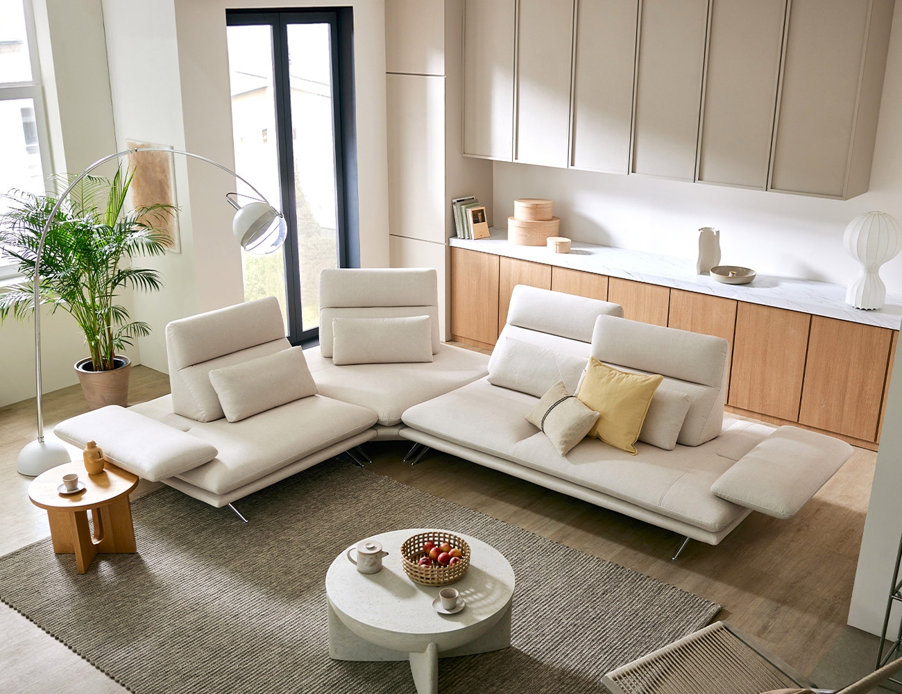 브뤼 4인 코너형 기능성 젠위브 패브릭 소파(3인+코너+1인)+쿠션4개