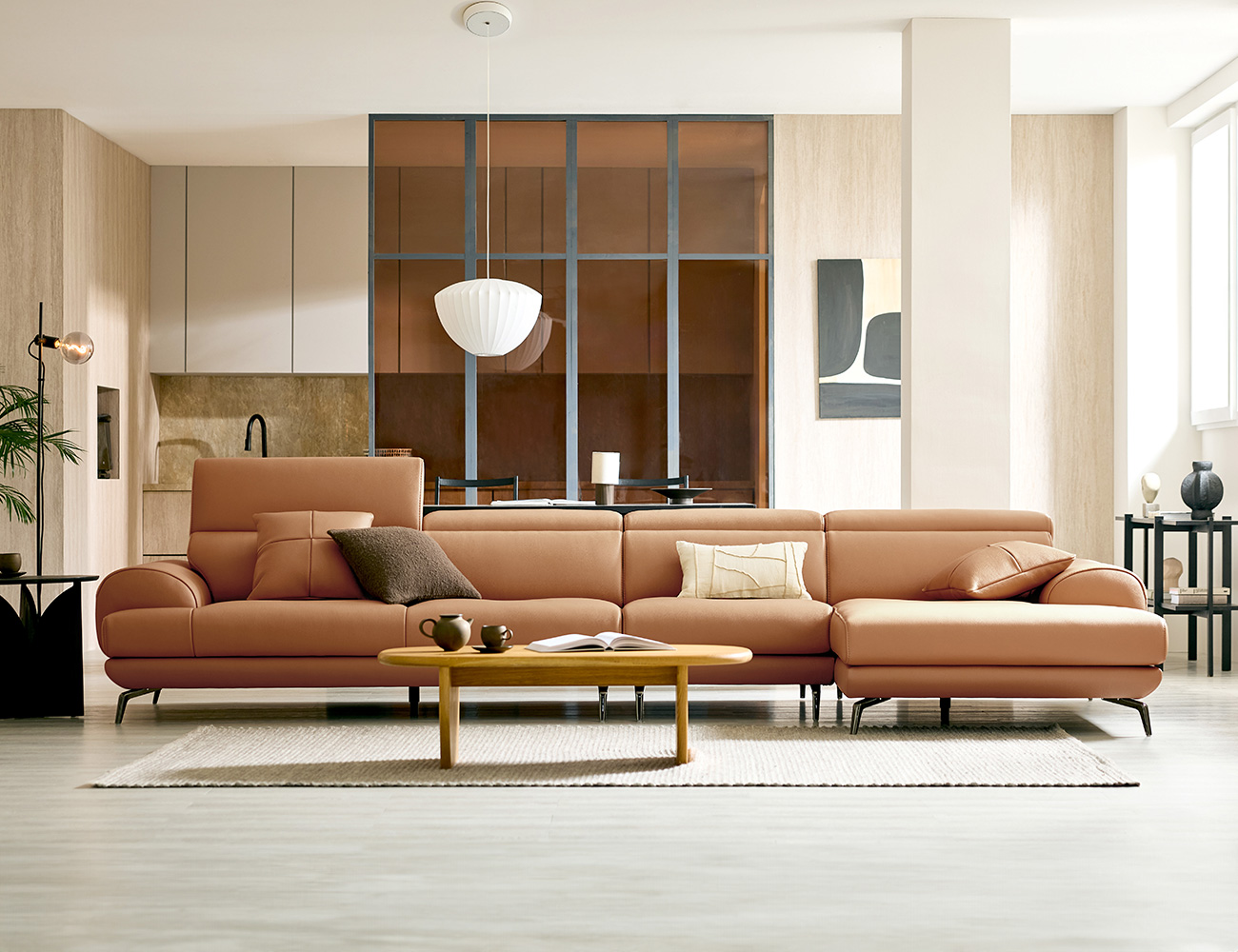 루디아 6인 카우치형 기능성 럭스 통가죽 천연면피 소가죽 소파+쿠션2개