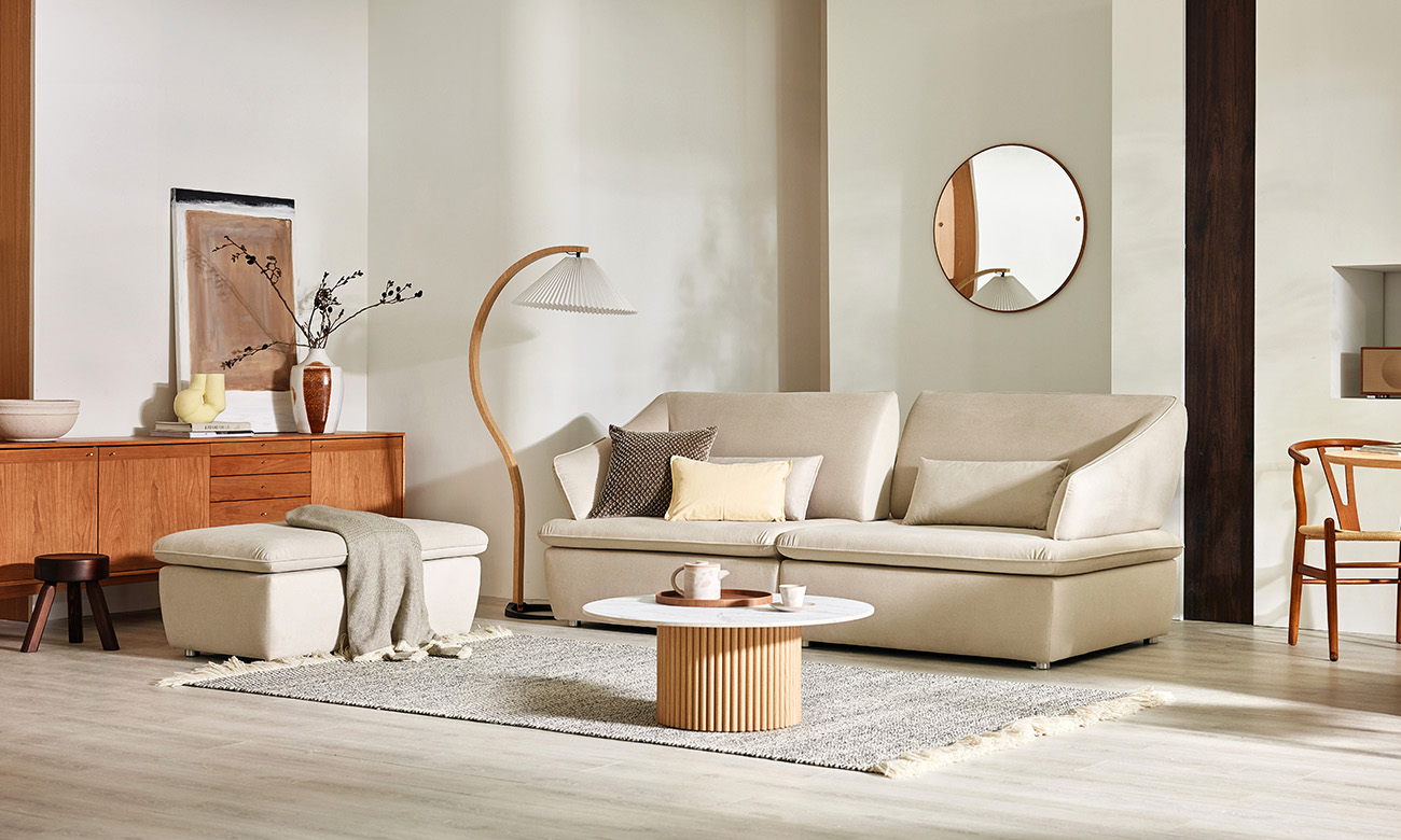 [Refurb Selection 50%] [리퍼브] 베르동 스윙 3인 기능성 포위브 패브릭 소파+스툴+쿠션2개