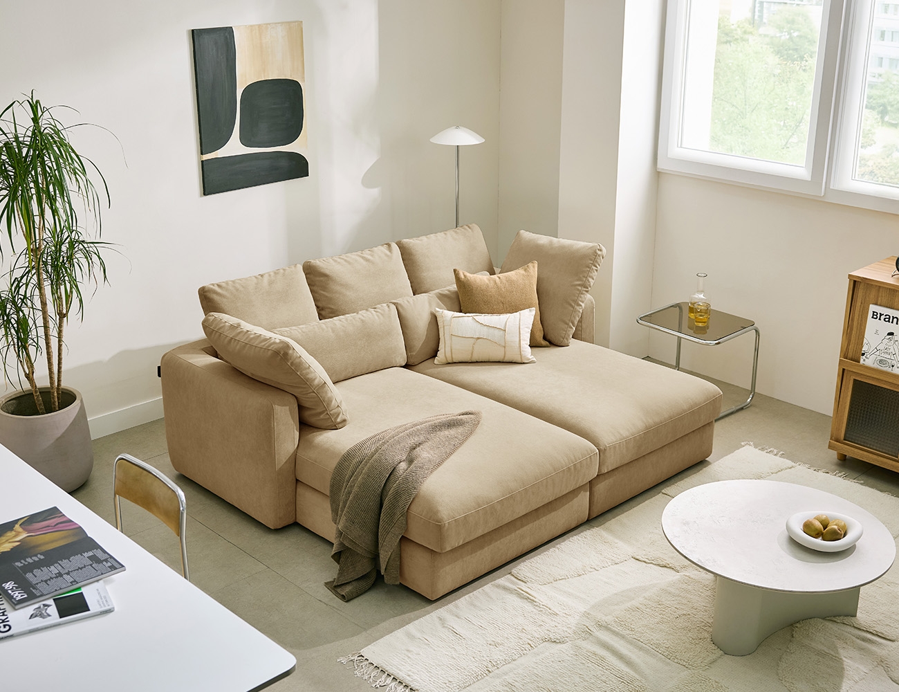 칼리프 3인 베드카우치형 베로나 패브릭 소파+쿠션7개(허리2/사각5)