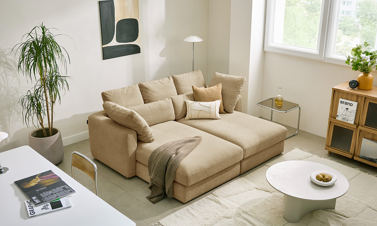 [Verona 7%] 칼리프 3인 베드카우치형 베로나 패브릭 소파+쿠션7개(허리2/사각5)