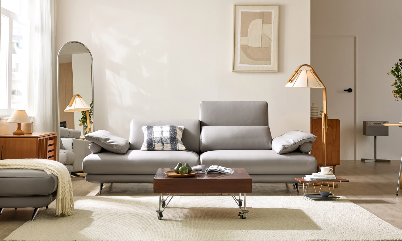 [Refurb Selection 40%] [리퍼브] 폰토 하이 3인 기능성 도나 천연면피 소가죽 소파(전체가죽적용)+올가죽스툴+쿠션3개(허리1개/팔걸이2개)