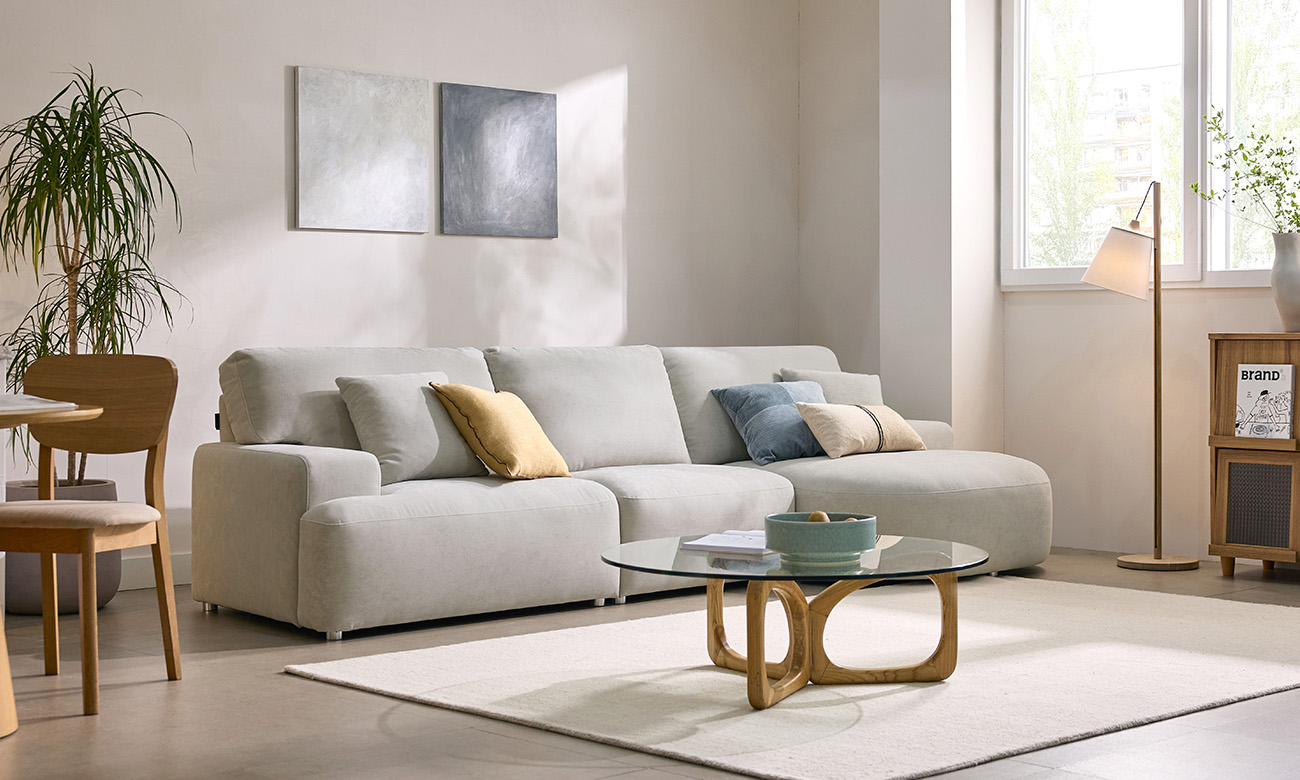 [Refurb Selection 50%] [리퍼브] 아워 4인 카우치형 베로나 패브릭 소파+쿠션2개