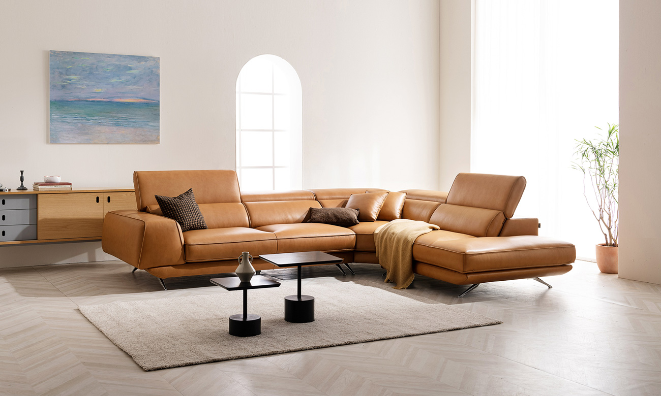 [Refurb Selection 40%] [리퍼브] 메이슨 4인 코너카우치형 기능성 비첸티노 내추럴 천연면피 소가죽 소파(전체가죽적용)+쿠션2개