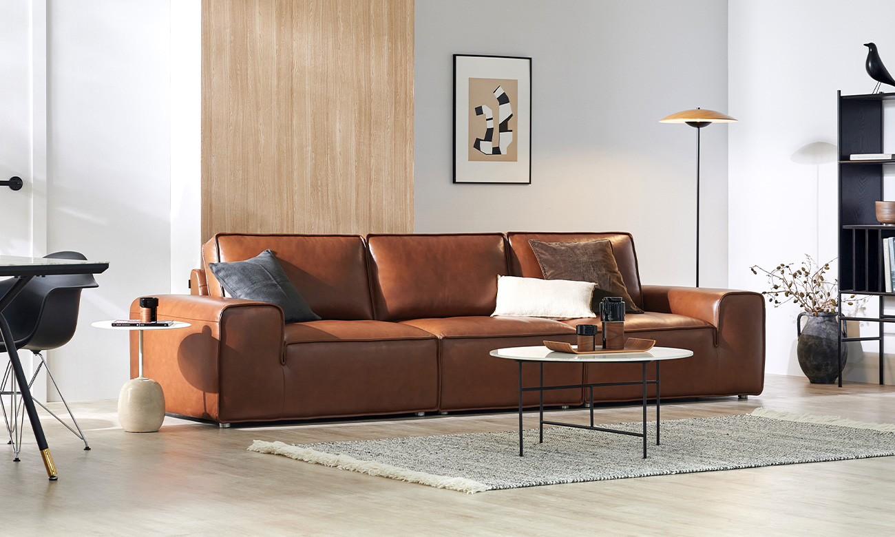 [Refurb Selection 40%] [리퍼브] 브로트 4인 떼르소 내추럴 천연면피 소가죽 소파(전체가죽적용)+올가죽스툴