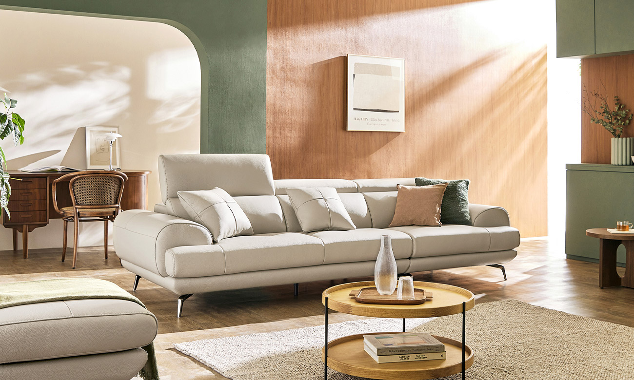 [Refurb Selection 40%] [리퍼브] 루디아 3.5인 기능성 럭스 통가죽 천연면피 소가죽 소파+스툴+쿠션2개