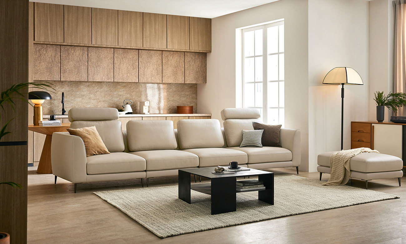 [Refurb Selection 30%] [리퍼브] 비기닝 모듈 6인 천연면피 소가죽 소파+스툴 (카키그린)