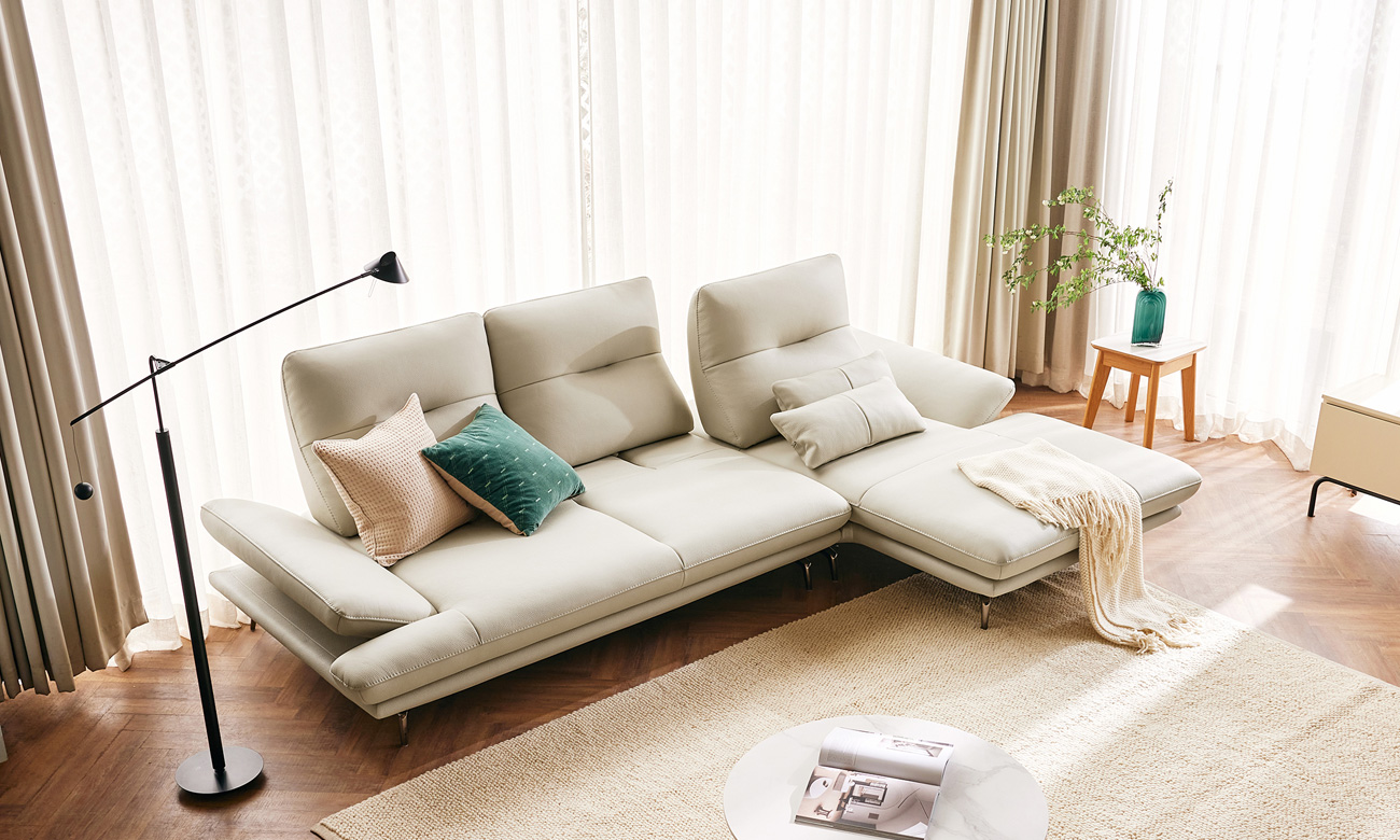 [Refurb Selection 30%] [리퍼브] 컴포트 발렌티 스윙 4인 카우치형 기능성 럭스 통가죽 천연면피 소가죽 소파+쿠션2개 (데일리블루/앉아서좌형)