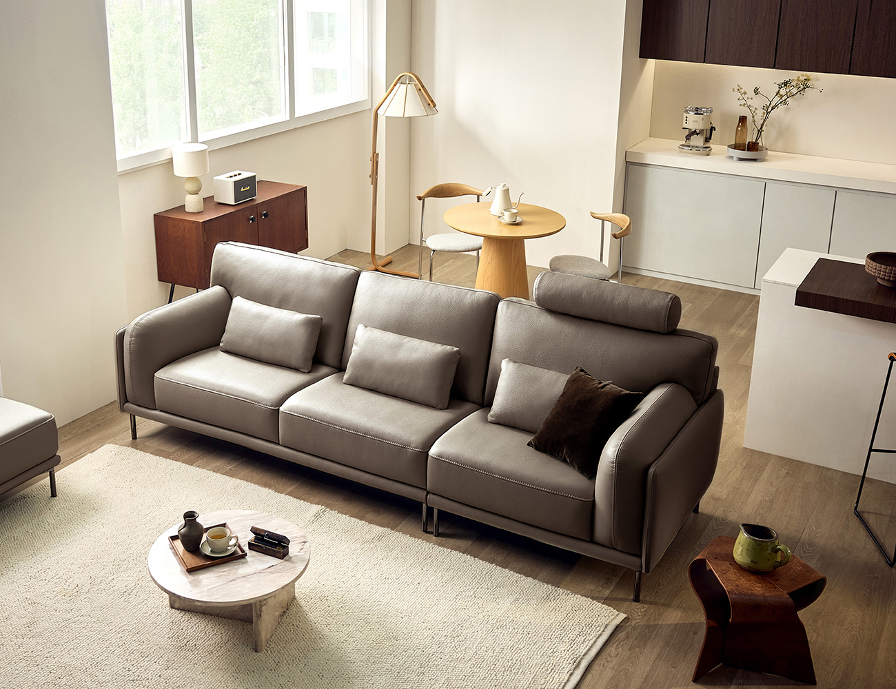 소플리움 3.5인 비텔로 통가죽 슈렁큰 천연면피 소가죽 소파(전측면가죽적용)+쿠션3개