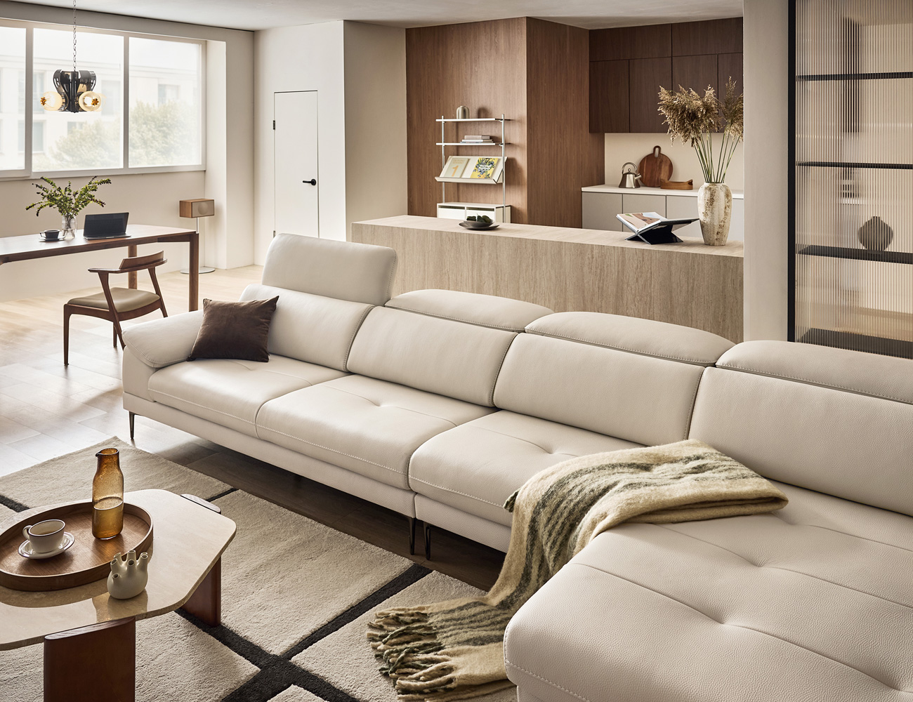 로세티 6인 카우치형 기능성 럭스 통가죽 천연면피 소가죽 소파