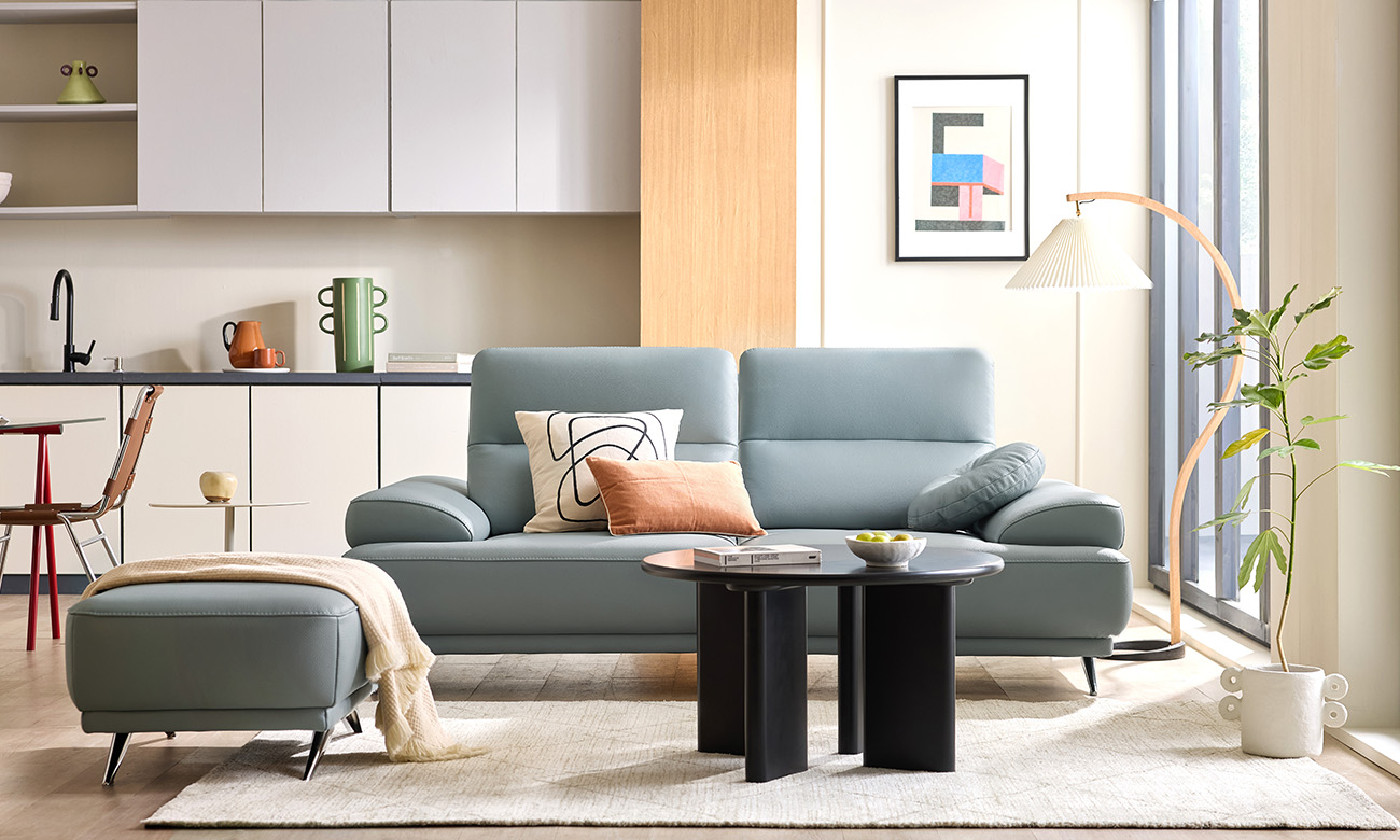 [Refurb Selection 30%] [리퍼브] 소네트 스윙 3인 기능성 피아나 이태리 통가죽 천연면피 소가죽 소파+쿠션1개 (피아나라이트블루)