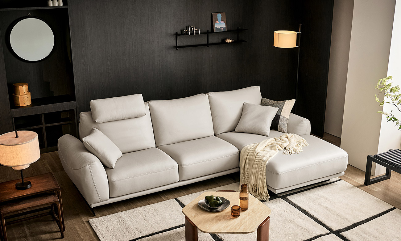 크렘 4인 카우치형 도나 천연면피 소가죽 소파(전체가죽적용)+쿠션2개