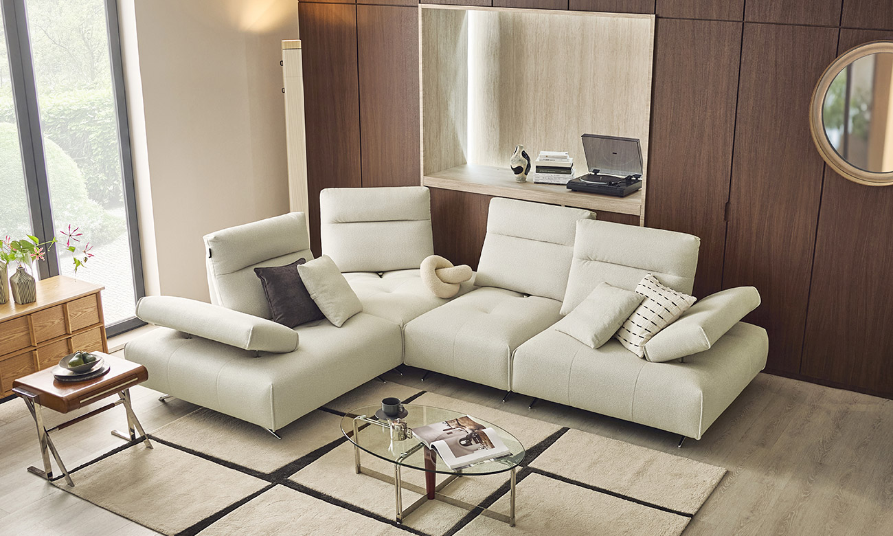 [Refurb Selection 30%] [리퍼브] 브래뉴 4인 코너형 기능성 루위브 패브릭 소파+스툴+쿠션2개 (루위브아이보리/앉아서좌형)