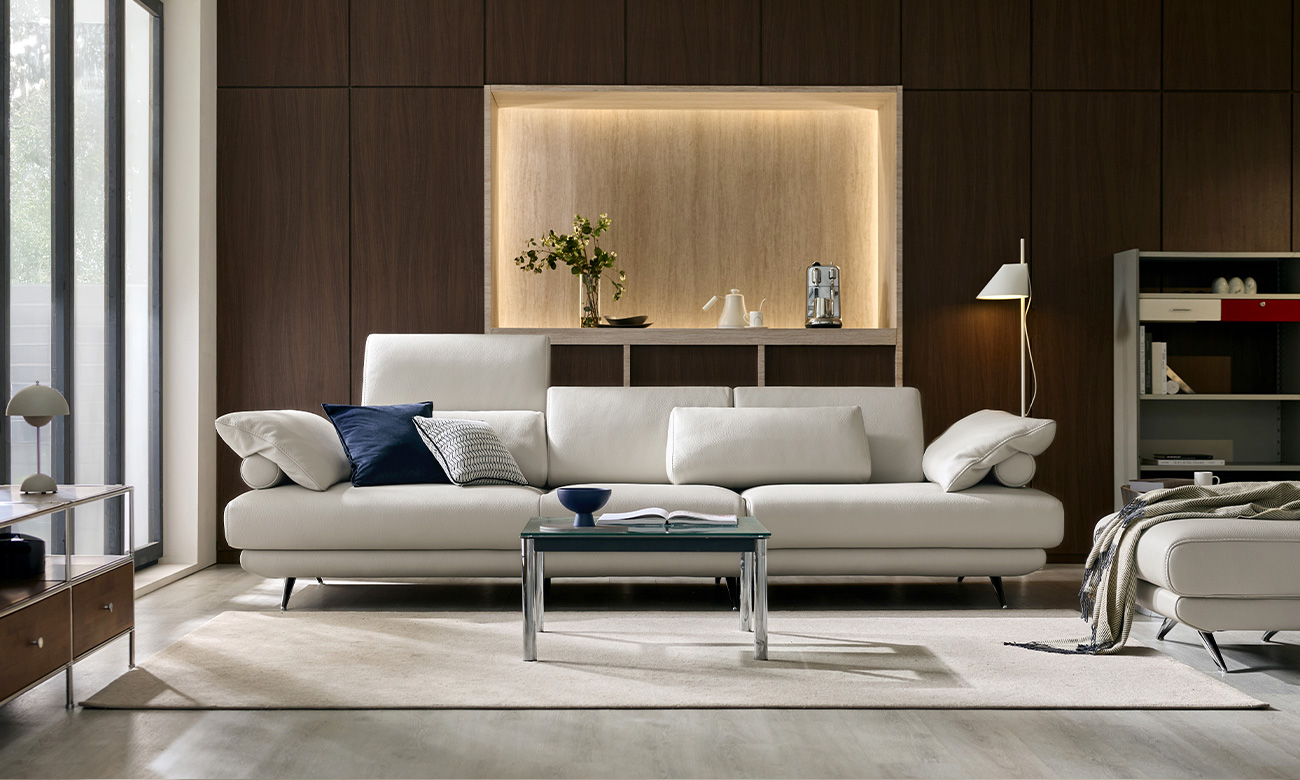 [Refurb Selection 30%] [리퍼브] 폰토 하이 3.5인 와이드 기능성 비텔로 통가죽 슈렁큰 소가죽 소파(전체가죽적용)+올가죽스툴+쿠션4개 (화이트그레이)