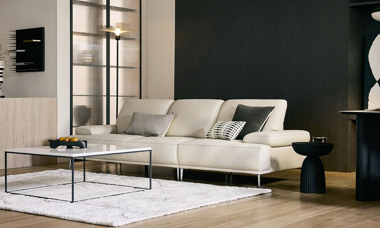 [Refurb Selection 30%] [리퍼브] 에멜 4인 천연면피 소가죽 소파+스툴 (크림화이트)