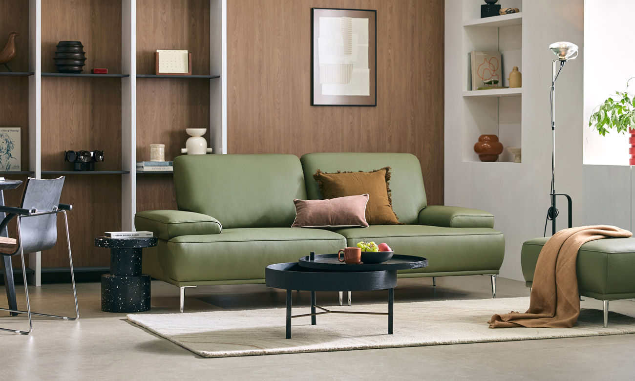 [Refurb Selection 30%] [리퍼브] 에멜 3인 천연면피 소가죽 소파+스툴 (카키그린)