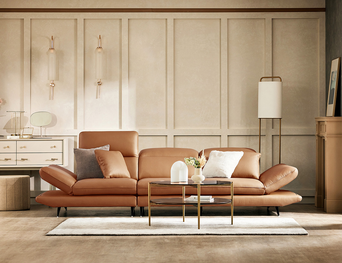 [Make Spring 23%] 아빌라 와이드 3.5인 기능성 럭스 통가죽 천연면피 소가죽 소파(전측면가죽적용)+쿠션2개