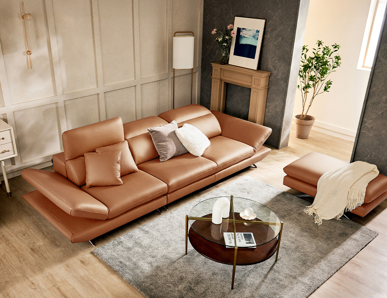 [Make Spring 23%] 아빌라 와이드 3.5인 기능성 럭스 통가죽 천연면피 소가죽 소파(전측면가죽적용)+쿠션2개