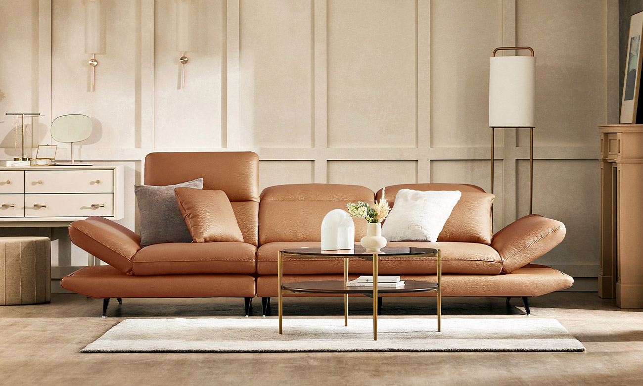 [NEW LINE-UP 10%] 아빌라 와이드 3.5인 기능성 럭스 통가죽 천연면피 소가죽 소파(전측면가죽적용)+쿠션2개