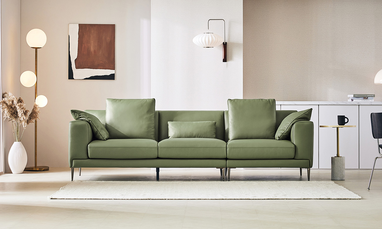 [CURATION 7%] 로아드 3.5인 천연면피 소가죽 소파+쿠션5개(등2/허리1/팔2)