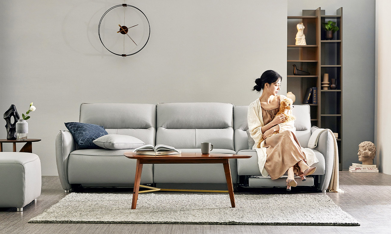 [Refurb Selection 30%] [리퍼브] 아델리오 듀얼 리클라이너 4인 슈렁큰 천연면피 소가죽 소파(전면가죽적용)+쿠션2개 (라이트그레이)