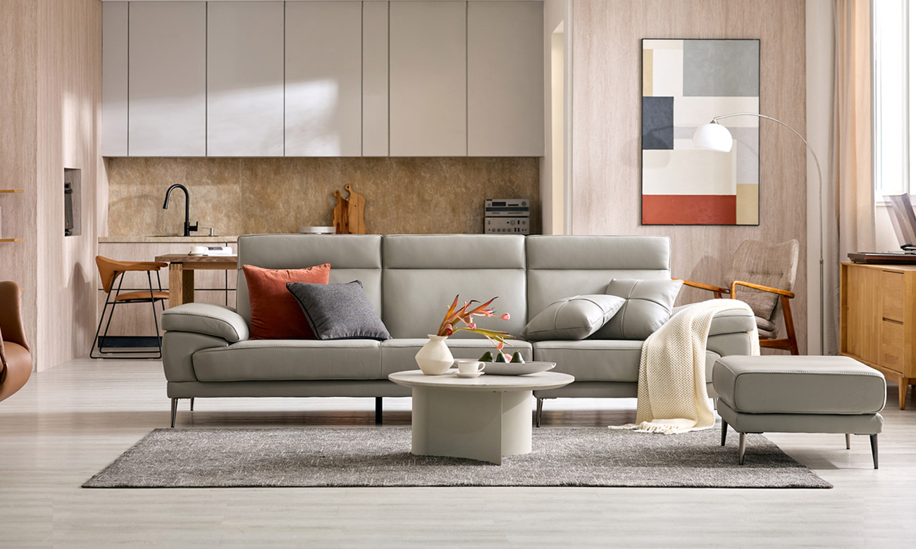 [Refurb Selection 30%] [리퍼브] 콘테 4인 럭스 통가죽 천연면피 소가죽 소파+스툴+쿠션2개 (샤인그레이)