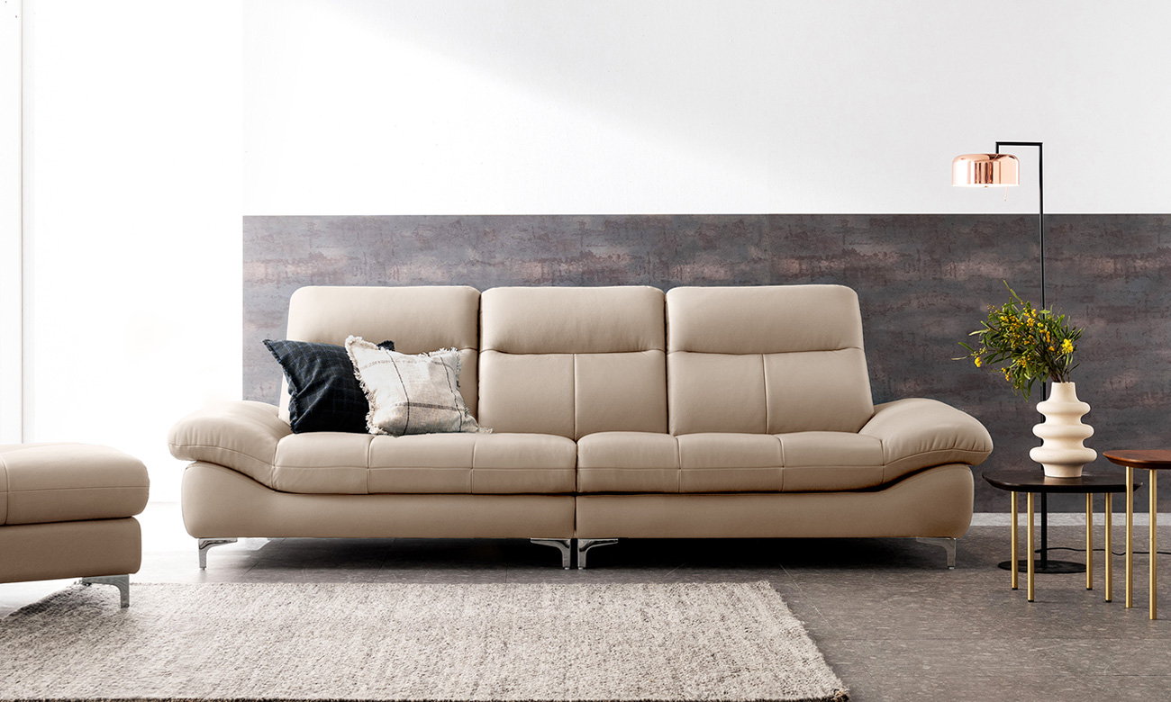 [Refurb Selection 30%] [리퍼브] 에비뉴엘 3.5인 천연면피 소가죽 소파+스툴 (라이트민트/낮은스틸다리)