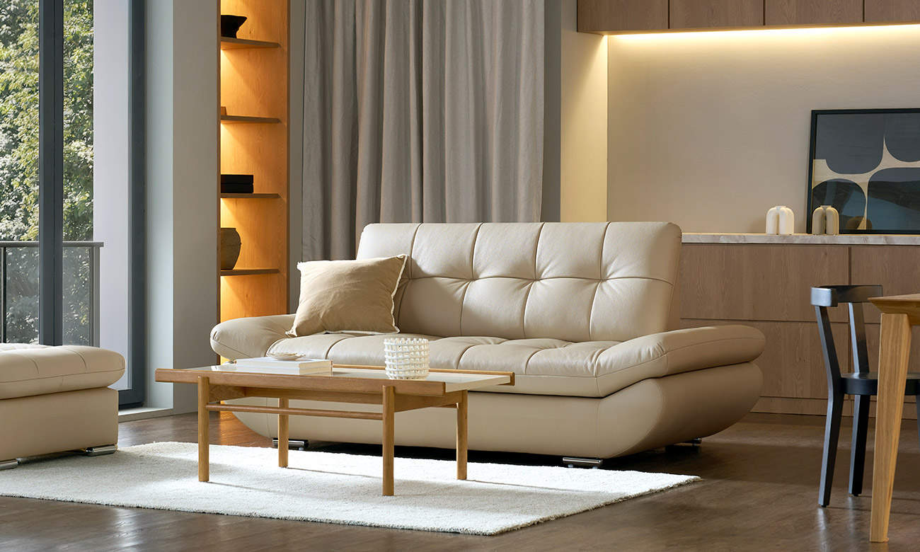[Refurb Selection 30%] [리퍼브] 버블리 스윙 3인 기능성 천연면피 소가죽 소파+스툴 (크림아이보리)