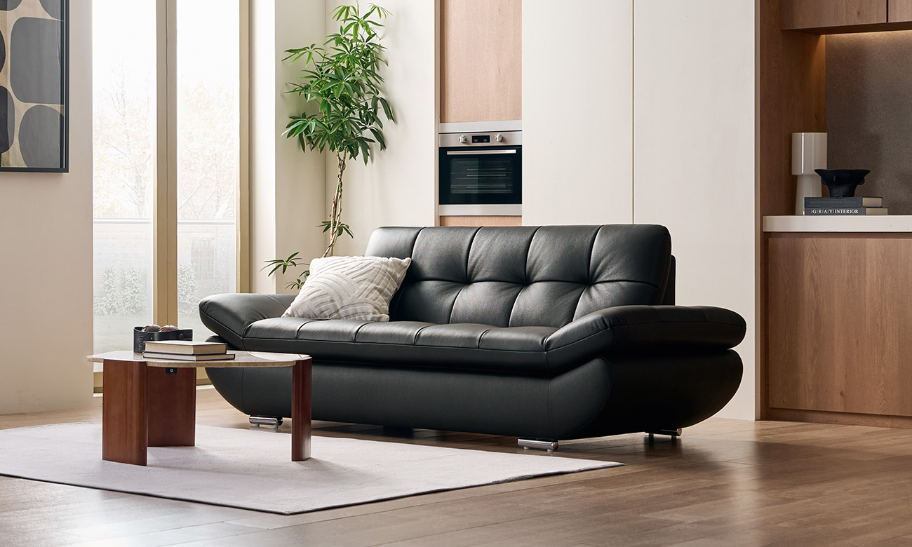 [Refurb Selection 30%] [리퍼브] 버블리Ⅱ 3인 천연면피 소가죽 소파+스툴 (블랙)